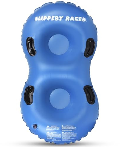 Slippery Racer AirDual Adults and Kids Inflatable Sledding Snow Tube Sled Rider with 4 Reinforced Handles for 2 Riders, Blue