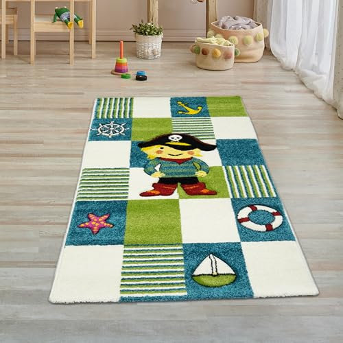 Teppich-Traum Kinderteppich Spielteppich Kinderzimmerteppich Pirat in türkis grün Creme Größe 80x150 cm