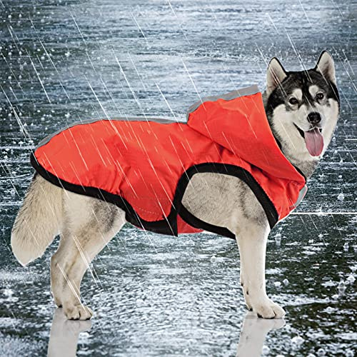 Idepet Wasserdichte 2-in-1-Regenjacke für Hunde, leichter Overall für Hunde mit Kapuze, atmungsaktiver Regenponcho mit Kapuze und reflektierendem Streifen für kleine, mittel große GroßHunde (2XL, Rot)