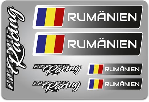 4er Set Aufkleber mit Fahne Flagge und wahlweise Name Sticker für Auto Fahrrad Motorrad Roller Helm im Rallye Racing Design R156 (24 Rumänien, Ohne Wunschname)