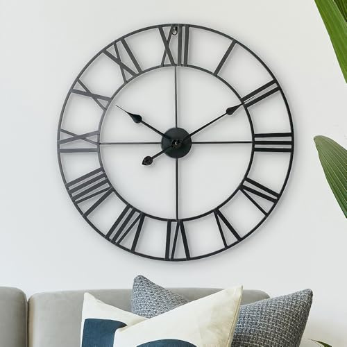 LW Collection Wanduhr Olivier Schwarz 60cm - Große Wanduhr mit römischen Ziffern - Moderne Industrielle Leises Wanduhr - Stille Uhr