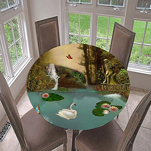 Morbuy Rund Tischdecke Elastisch, 3D Rund Tischdecken Wasserdicht Lotuseffekt Abwaschbar Abwischbar Tischtuch für Dekoration Küchentisch Garten Outdoor (Durchmesser 130cm,Schwanenteich)
