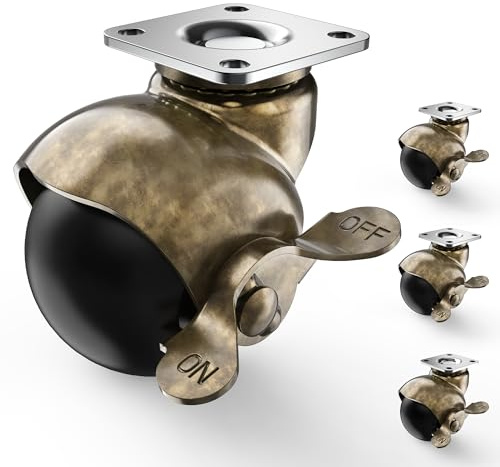 2 Inch Antique Brass Ball Casters, Vintage Caster Wheels, Swivel Plate Caster with Brake, Set of 4 Furniture Wheels for Sofa, Coffee Table, Cabinet, Kitchen Cart