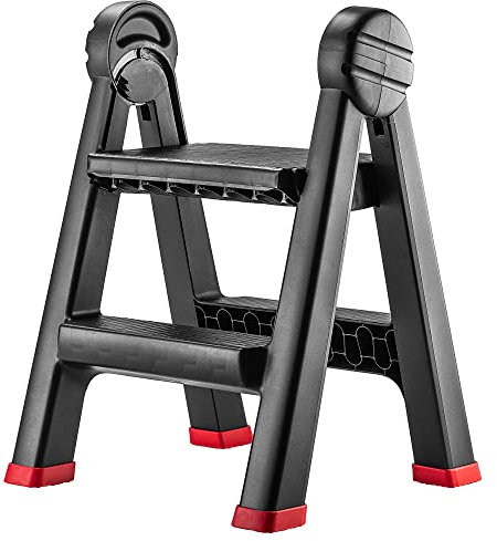 KADAX Escabeau pliant pour atelier, 47 x 44 x 63 cm, en plastique, avec 2 marches, charge maximale 150 kg, marchepied de bureau (2 marches/noir) K6433