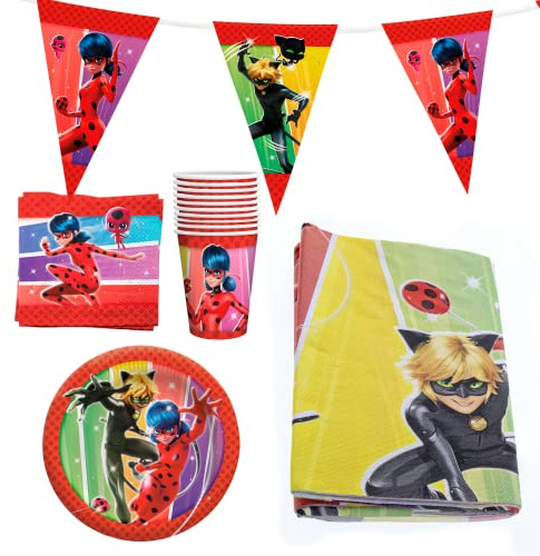 Party Factory `Miraculous´ Party-Set Einweggeschirr, 10 Becher, 10 Teller, 20 Servietten, 1 Tischdecke und 1 Wimpelkette