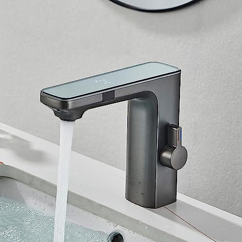 Yalsfowe Sensor Wasserhahn Bad, Infrarot Sensor Mischbatterie bad mit Temperaturanzeige, Automatisch Sensor Wasserhahn Badezimmer, Waschtischarmatur Bad, Heiß- und Kalt Wasserhahn,Grau