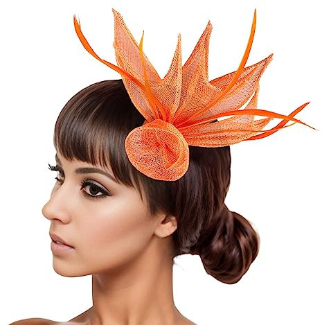 Fascinator Damen Kopfschmuck Hochzeit Hüte Hat Clip Schleier Stirnband Tea Party Mesh Kopfbedeckung Blumen Mesh Federn Clip Haarschmuck für Cocktail Halloween Oktoberfest Gothic Orange