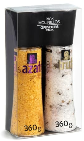 CARMENCITA - Pack 2 Molinillos Gigantes | Sal y Azafrán | Sal y Trufa | Sazonador de sal con especias para cocinar | Sal condimentada perfecta pastas, carnes, salsas, tortillas y verduras | 720 g