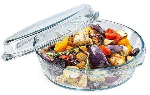 KADAX Glass Casserole Dish, Ovenproof Dish with Lid and Handles for Lasagne, Heat-Resistant Dish for Cooking, Baking, Roasting (Round, 2.8L)