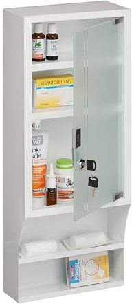 Relaxdays Medizinschrank, Glastür, abschließbar, 5 Fächer, HBT 65x27x12 cm, für Medikamente, Arzneischrank hängend, weiß