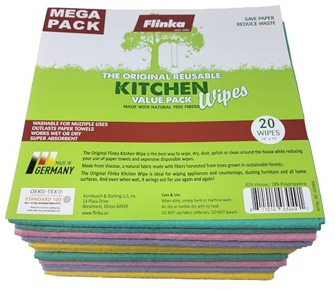 Flinka Kitchen Wipes 20 Count Mega Pack - Large (16 in. x 15 in.) Reusable Cleaning Cloth - Washable Paper Towels - Eco Friendly Viscose Cloths - Assorted Variety of Colors