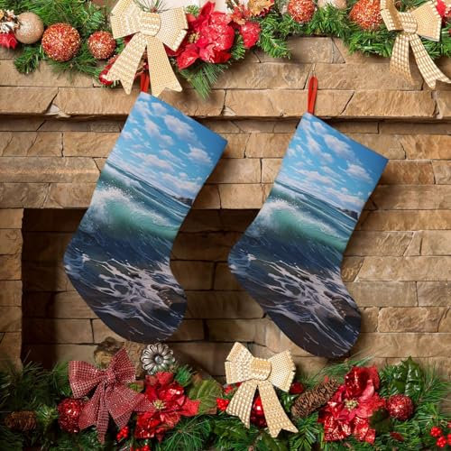GFLFMXZW Weihnachtsstrümpfe, 45,7 cm, personalisierbar, blaues Meer, Landschaft, Plüsch, Weihnachtsstrumpf, Weihnachtsstrumpf, Dekorationen für Urlaub, große Strümpfe für Weihnachtsdekoration