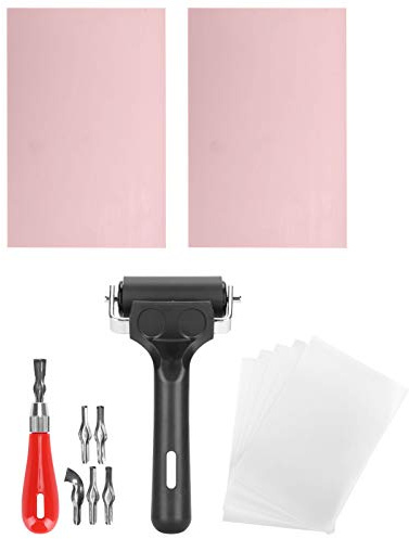 Kit de Tallado de Goma, Juego de Herramientas de Impresión de Bloques para Hacer Sellos, Cortador de Linóleo con Cuchillas, Papel de Calco, Almohadilla de Tinta Arcoíris, Bloque