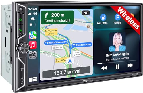 [QLED Screen Upgrade] 7 Double Din Car Stereo with Wireless Apple CarPlay and Android Auto, 240W Powerful Sound, 4.2-Channel Audio Output, Bluetooth, MirrorLink, Backup Camera, AM/FM Car Radio
