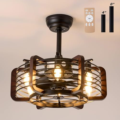 Caged Modern Industrial Ceiling Fan with Lights and Remote, 18 Black Rustic Fan for Living Room, Kitchen, Bedroom
