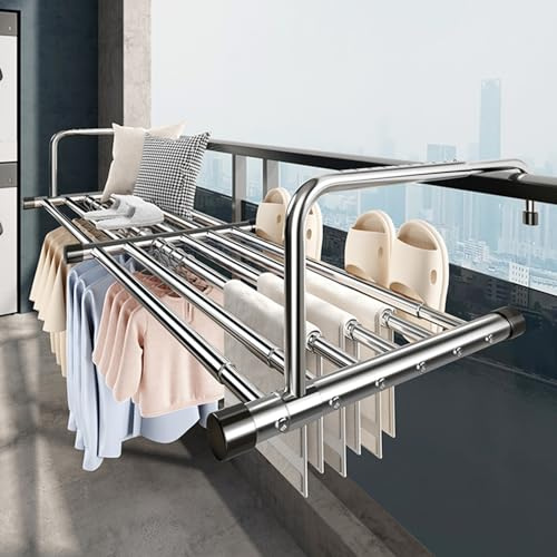 HJXGQJM Tendedero Balcón Barandilla, Tendedero Extensible Pared De Acero Inoxidable, Tendederos para Balcón/Radiador/Pared, Tendedero Plegable De Pared(Telescopic Style 78-140cm)