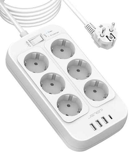 JSVER Steckdosenleiste 5M,Überspannungsschutz 6 Fach mit 4 USB Ladeanschlüsse, Mehrfachsteckdose mit USB C, Steckerleiste Wandmontage (3680W 16A) für Smartphones, Laptop -Weiß