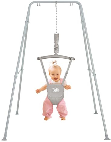 FUNLIO Baby Jumper with Stand for 6-24 Months, Infant Jumper for Indoor/Outdoor Play, Toddler Jumper for Baby Girl/Boy, with Adjustable Chain, Easy to Assemble & Store (with Stand) - Grey