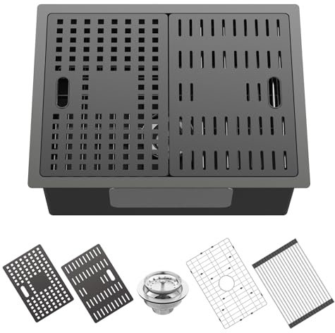 Black Kitchen Sink With Dual Cover,24x18 Stainless Steel Undermount Single Bowl Kitchen Sink Built-in Ledge Drop In Workstation Sink Fully Covering Sink To Create Temporary Workspace/Drainage Area