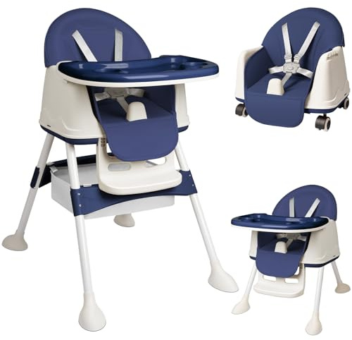 SUBTLETY Kinderhochstuhl Mobile Hochstuhl mit 5-Punkt Sicherheitsgurt & Doppeltes Esstablett Klappbare Boostersitze Waschbare Babyhochsitz für Zuhause & Reisen (Blau)