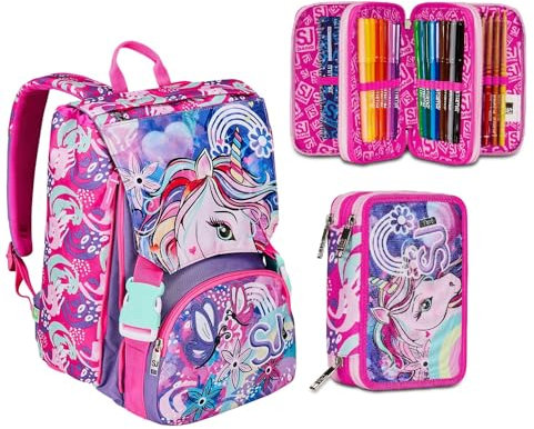 Seven Zaino Scuola SJ GANG CUCCIOLI, Rosa PATTINE CALAMITATE CON GRAFICHE DIVERSE Scuola Elementare + Astuccio Triplo Scomparto Rosa Bambina