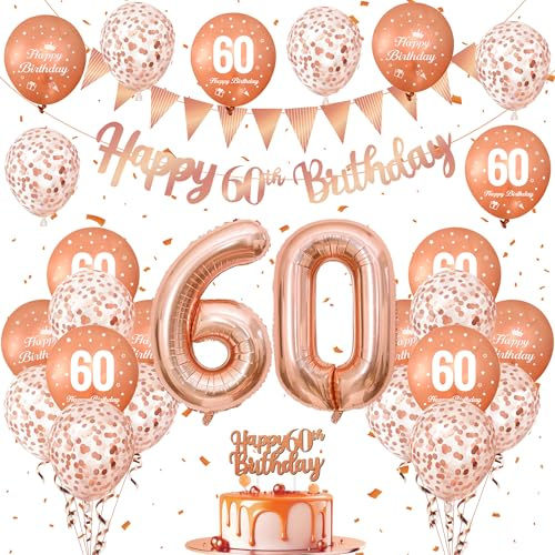 Rose Gold Birthday Decorations Set, 60th Birthday Decorations Party Pack with Rose Gold Balloons Confetti Balloons,HappyBirthday Banner and Cake Topper, Pink Baloons for 60th Party Supplies Women