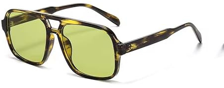 Long Keeper Retro Klassisch Piloten Sonnenbrille für Damen Herren 70er Doppelsteg Flach Quadratische überdimensional Sonnenbrille (GrünLeopardGrün)