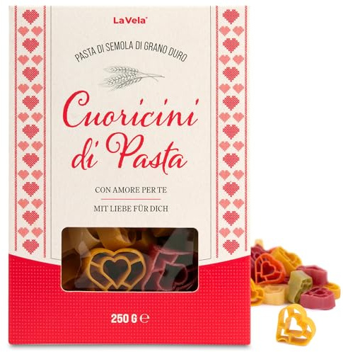La Vela Cuoricini di Pasta - Bunte Herznudeln, italienische Pasta in Herzform, Geschenkpackung, 250g - Perfekte Geschenkidee für Valentinstag & besondere Anlässe
