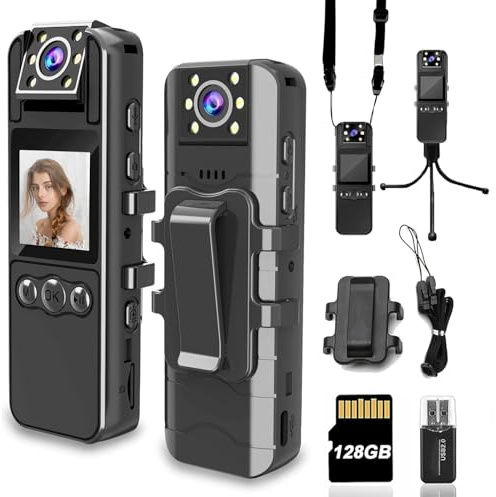 Minakeda Body Camera with Audio and Video Recording, HD 1080P Body Cam with 180° Rotating Lens, IR Cut Auto Night Vision, 128GB Body Worn Camcorder, 6HR Battery, for Personal Civilians