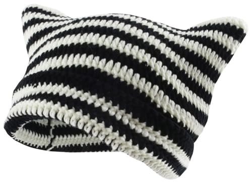 Katze Beanie Häkelmützen Wintermützen Mit Katzenohren Beanies Gestreifte Damen Katzenmütze Niedlich Strickmützen Beanies Wintermütze Y2k Zubehör Winter Warm Entzückende