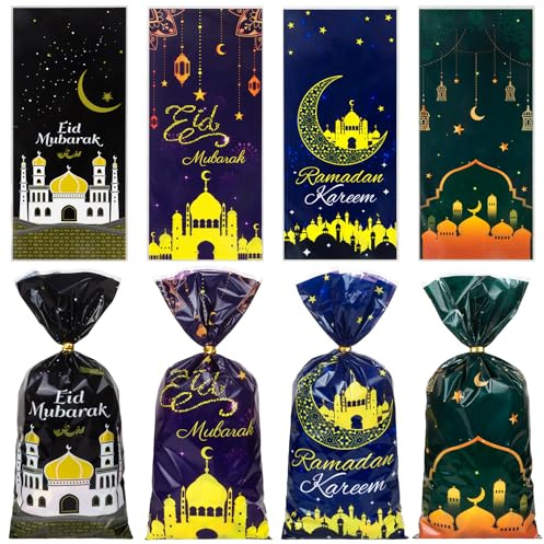 GOMANCHE Eid Mubarak Zellophanbeutel, 100 Stück, Ramadan-Kunststofftüten mit 100 Bindebändern, Eid Mubarak Goody Geschenktüte für Islam-Party-Dekorationen