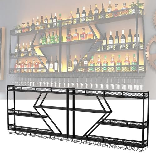 Schwebendes Wand-Weinregal mit Glashalter und Likörregal, Wandmontage, Barregale für Zuhause, Bar, Display, moderner Wand-Barschrank für Likörflaschen, Schwarz mit blauem LED-Licht, 200 x 20 x 86 cm