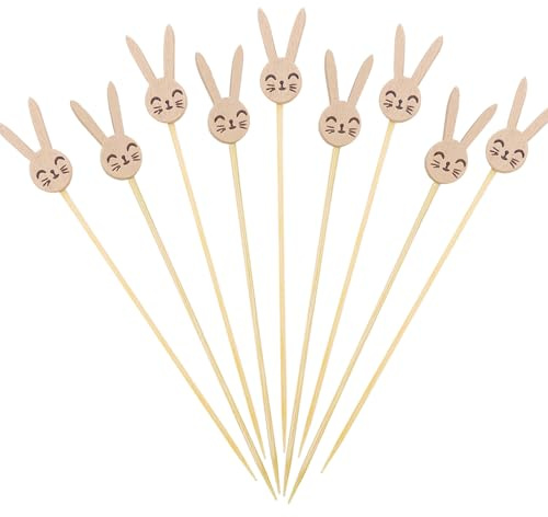 ENLACE Hase Cocktailspieße Ostern,100 Stück Ostern Spieße Fingerfood Kinder,Holzspieße Hase Zahnstocher Holz Cocktail Deko,Partyspieße 14cm,Hase Käsespieße Obstspieße Cocktail Zubehör für Ostern