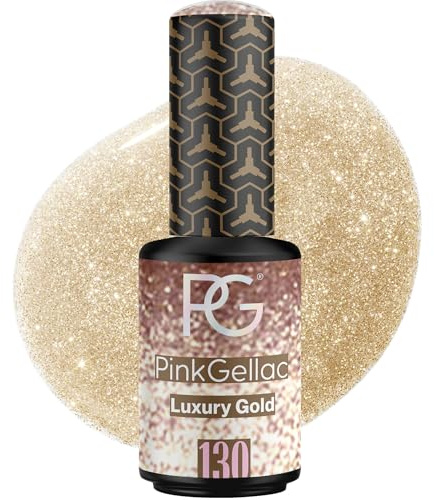 Pink Gellac Gel Nagellack UV - 130 Luxury Gold 8 ml - Gelnagellack für UV Lampe - Gold mit Glitzer - Einfache Anwendung Nail Polish für 14 Tage Salonqualität - Veganer Gellack Made in Holland