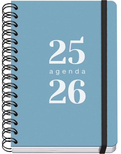 Dohe - Skolkalender 2025 2026 - Vecka per uppslag, A5 (15x21 cm), Spanska och Engelska, September till Juni, Dubbelspiralbindning och Resårband, Flexibelt omslag, 4 Klistersidesark - GRAMMAR Blå