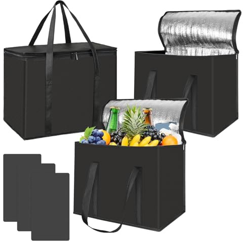 3 Pack Insulated Cooler Bag with Base, 35L Large Thermal Bags for Hot & Cold Food, Reusable Food Delivery Bag for Pizza/Picnic/Camping/Men/Women