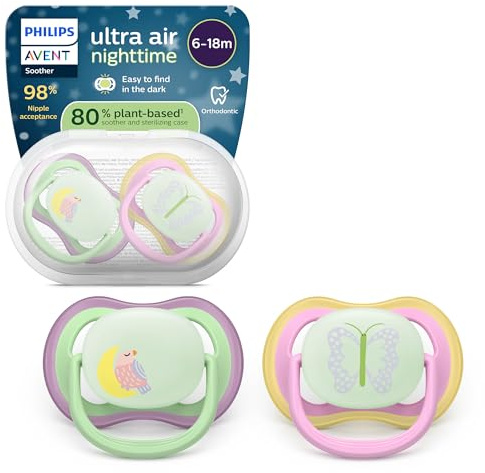 Philips Avent Sucettes de nuit ultra air - Tétines orthodontiques, pour bébés de 6 à 18 mois, phosphorescentes, en silicone souple d'origine végétale, sans BPA, lot de 2, SCF376/29