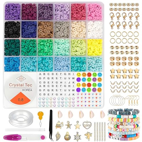 FZYCOM Perlen Set 24 Farben, Perlen für Armbänder, Armbänder Selber Machen, Bastelperlen mit DIY Werkzeuge, Armband Set Selber Machen für Weihnachten, Geburtstage usw.