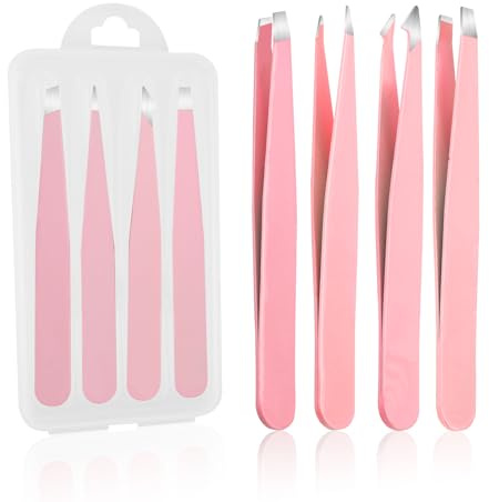 4-Teiliges Pinzette Set Professionelles Aus Edelstahl - Spitze,Schräge,Flache Und Runde Spitzen Für Wimpernverlängerung,Augenbrauentrimmen,Mitesserentfernung, Eyelash Extensions Tweezers(Pink-4)