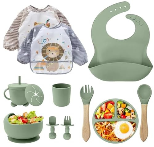 Babyporslinsset i silikon 12 delar – BPA-fri barntallrik med sugkopp, drickkopp med sugrör, silikonhaklapp, skål, träsked, babybestick – diskmaskins- och mikrovågsugnssäker