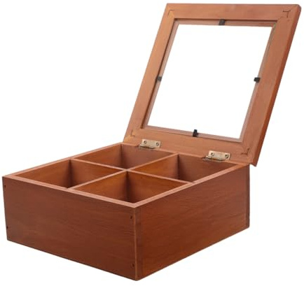 POPETPOP Bois et Verre Boîte à Bijoux à 4 Compartiments Vintage | Marron, Couvercle Transparent à Charnière, pour Petits Objets, Usage Chambre ou Plan de Travail