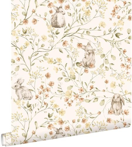 papier peint lapins vert, jaune et terracotta 0.53 x 10.05 m - ESTAhome