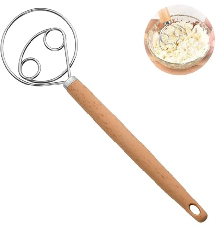 Danish Dough Whisk, Danish Dough Whisk, 10 Inch Dutch Whisk, Egg Beater with Plastic Handle, Mixer, Stainless Steel, Double Holes for Bread Dough, Pastry or Pizza Dough