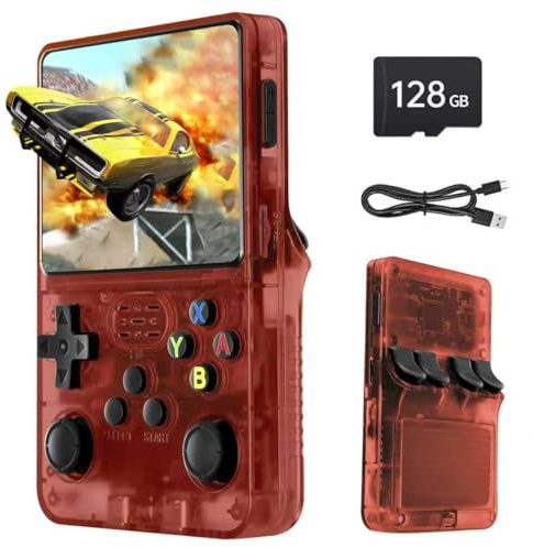 Febotak R36S - Console da gioco retrò portatile con schermo IPS da 3,5, 128 GB di memoria, oltre 40.000 giochi, basato su LINXU Open Source ARKOS, batteria da 3500 mAh (Transparent red)