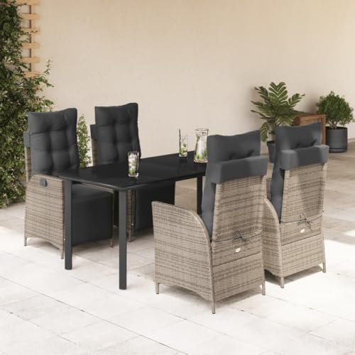 QJBSAVVA 5-TLG Gartenmöbel Set mit Tisch 160 x 80 cm 4 verstellbare Poly Rattan Sessel und Kissen Grau Schwarz platzsparendes Balkonmöbel Set für Terrasse Garten und kleine Balkone