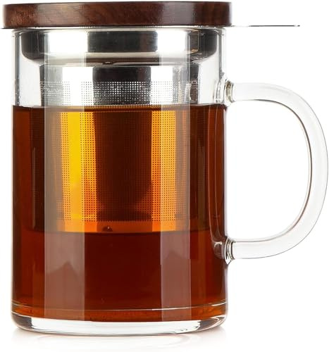 Qmibaby 400ml Glass Tea Cup with Infuser Walnut Lid&Handle, Thickened Heat-Resistant, Borosilicate Glass Mug Stainless Steel Fine-Mesh Filter for Loose Leaf/Blooming Tea, Stovetop & Dishwasher Safe