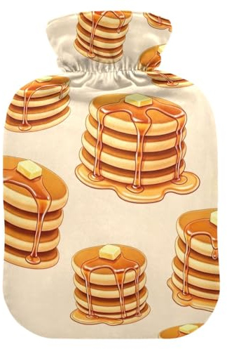 Borsa dell'acqua calda con copertura morbida da letto, scaldino per mani e piedi, con frittelle in stile cartone animato, borsa dell'acqua calda beige per impacchi caldi e freddi, piccola