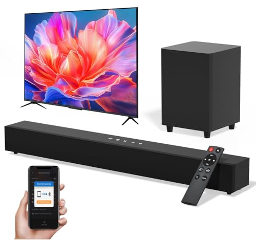 ROXAAN Sound Bar con subwoofer, Soundbar da 60 W per TV, con bassi profondi e volume Boost e 3 modalità equalizzatore, Bluetooth/ARC/Opt/AUX Connect, sistema audio surround home theater a 2.1 canali