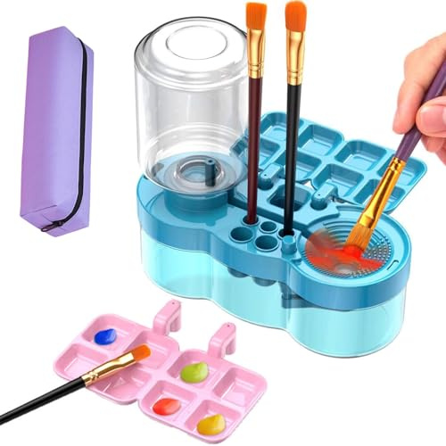 Clean Flow Brush Washer, Multifunctional Paint Brush Cleaner Tool for Kids, Upgraded Clean Flow Paint Brush Washer with Brushs Holder and Palette, Water Circulation, for Artists Beginners (blue)