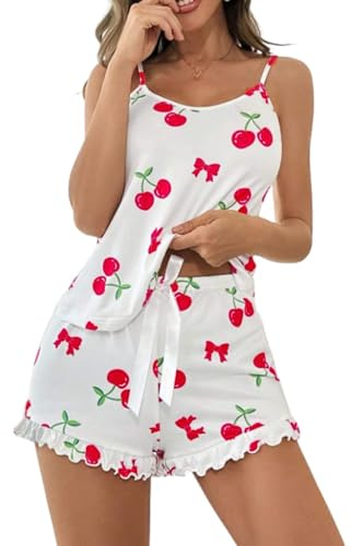Gatamiau 2 Piezas Pijama Top Sin Mangas Pantalones Corto Conjunto de Pijama y Camisola Sexy Mujer Estampado Cerezas Ropa de Dormir con Tirantes Y2k Traje de Casa，Blanco：M